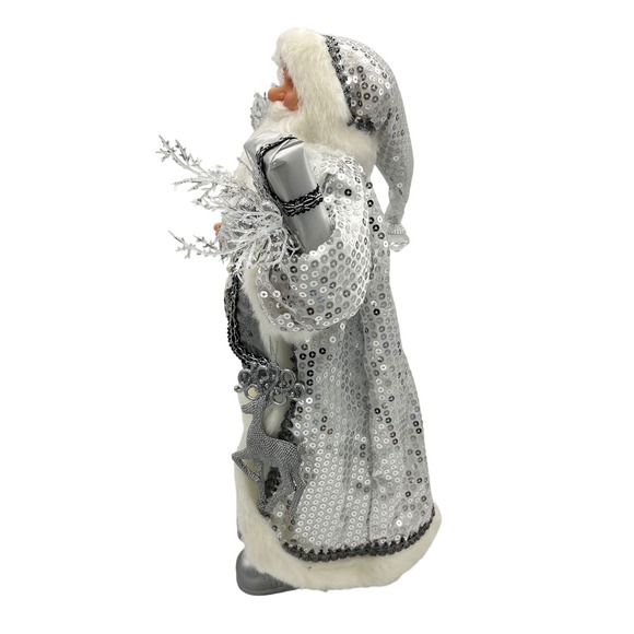 Sparkling Silver 18" Sequin Santa Claus Figurine Festive Holiday Decor - Picture 3 of 8